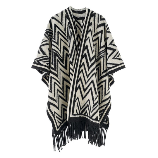 Damen Großer Fransenponcho im Oversize‑Cape mit geometrischem Zickzack‑Jacquard Shop Nory