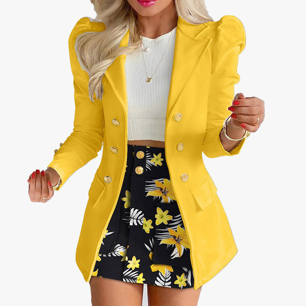 Damen Taillierter Doppelreihiger Blazer mit Puffärmeln und goldenen Zierknöpfen Shop Nory