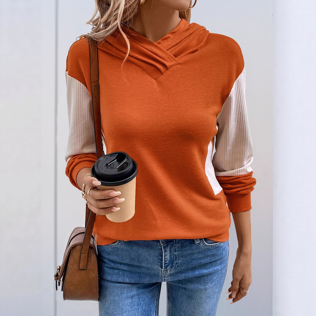 Damen Lässiger Kapuzenpullover mit V‑Kragen, Kontrastärmeln und Rippbündchen Shop Nory