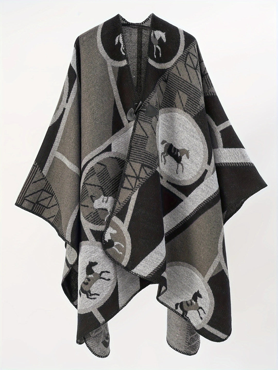 Damen Wollmix-Jacquard-Ruana mit Pferdemotiv, Knebelverschluss und offener Kimono-Silhouette Shop Nory