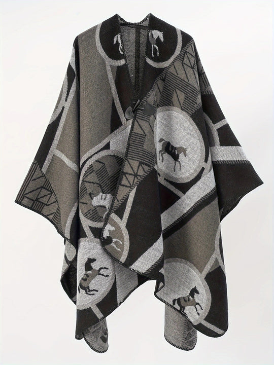 Damen Wollmix-Jacquard-Ruana mit Pferdemotiv, Knebelverschluss und offener Kimono-Silhouette Shop Nory