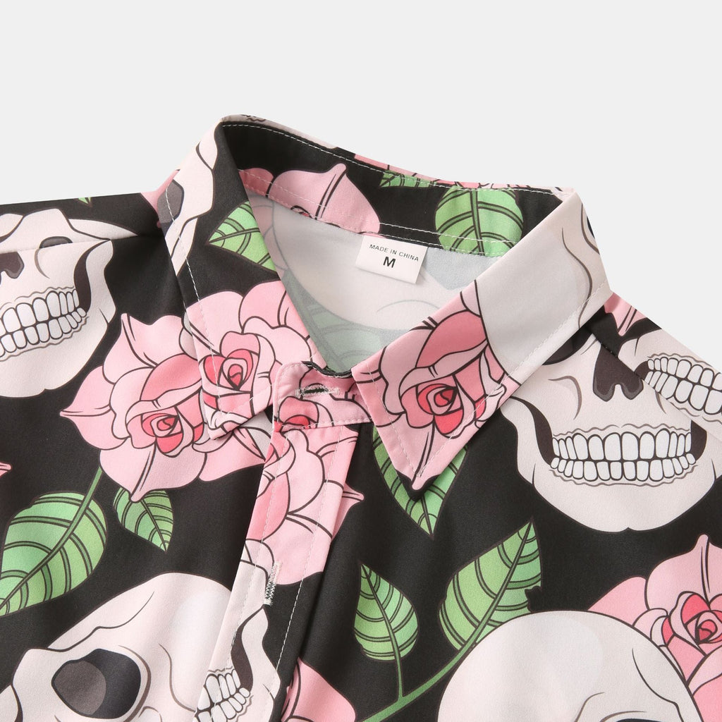 Herren Kurzarmhemd mit kreativem Totenkopf- und Blumenmuster 1757487585