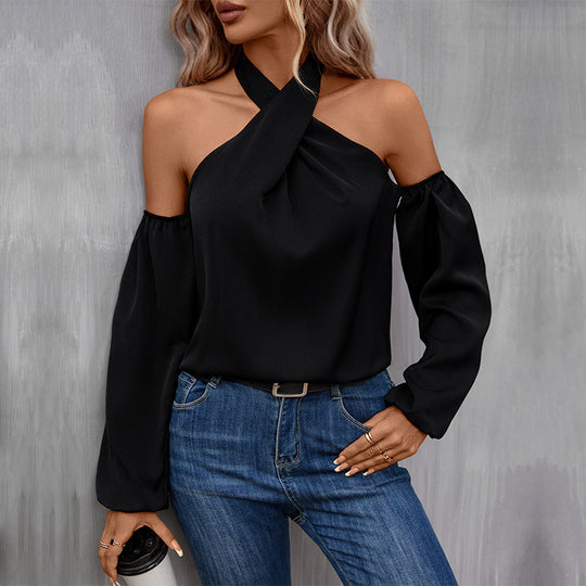 Damen Neckholder-Top mit gekreuztem Ausschnitt, schulterfreiem Design und Ballonärmeln Shop Nory