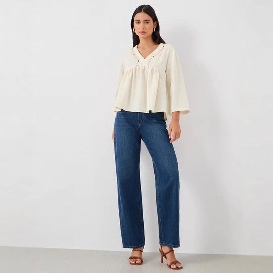 Damen Lockeres V‑Ausschnitt Blusentop mit Stickdetail und Empire‑Raffung Shop Nory
