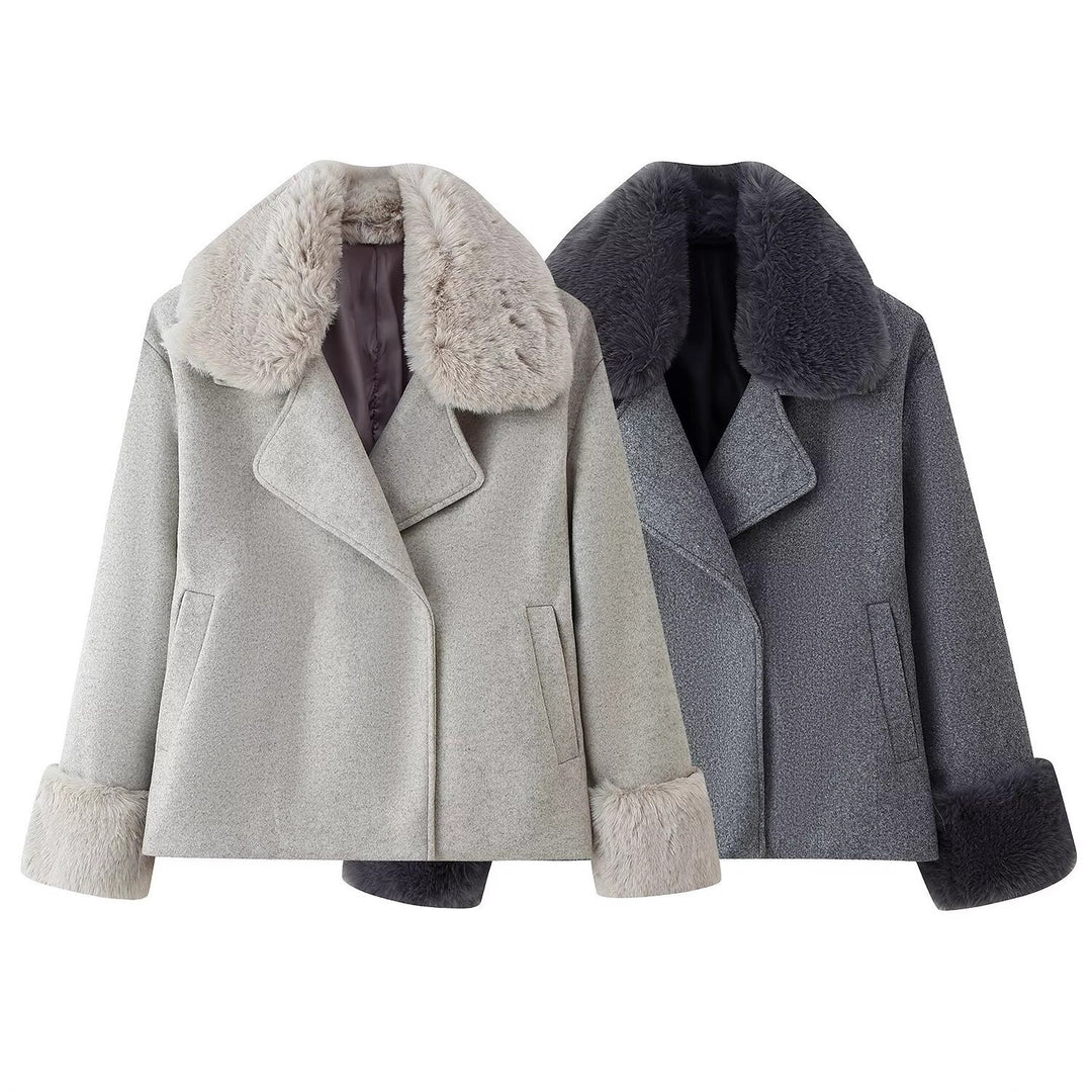 Damen Kurzer Wollmix-Mantel mit abnehmbarem Kunstfellkragen und Manschetten Shop Nory