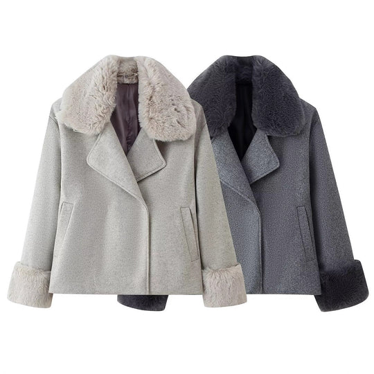 Damen Kurzer Wollmix-Mantel mit abnehmbarem Kunstfellkragen und Manschetten Shop Nory