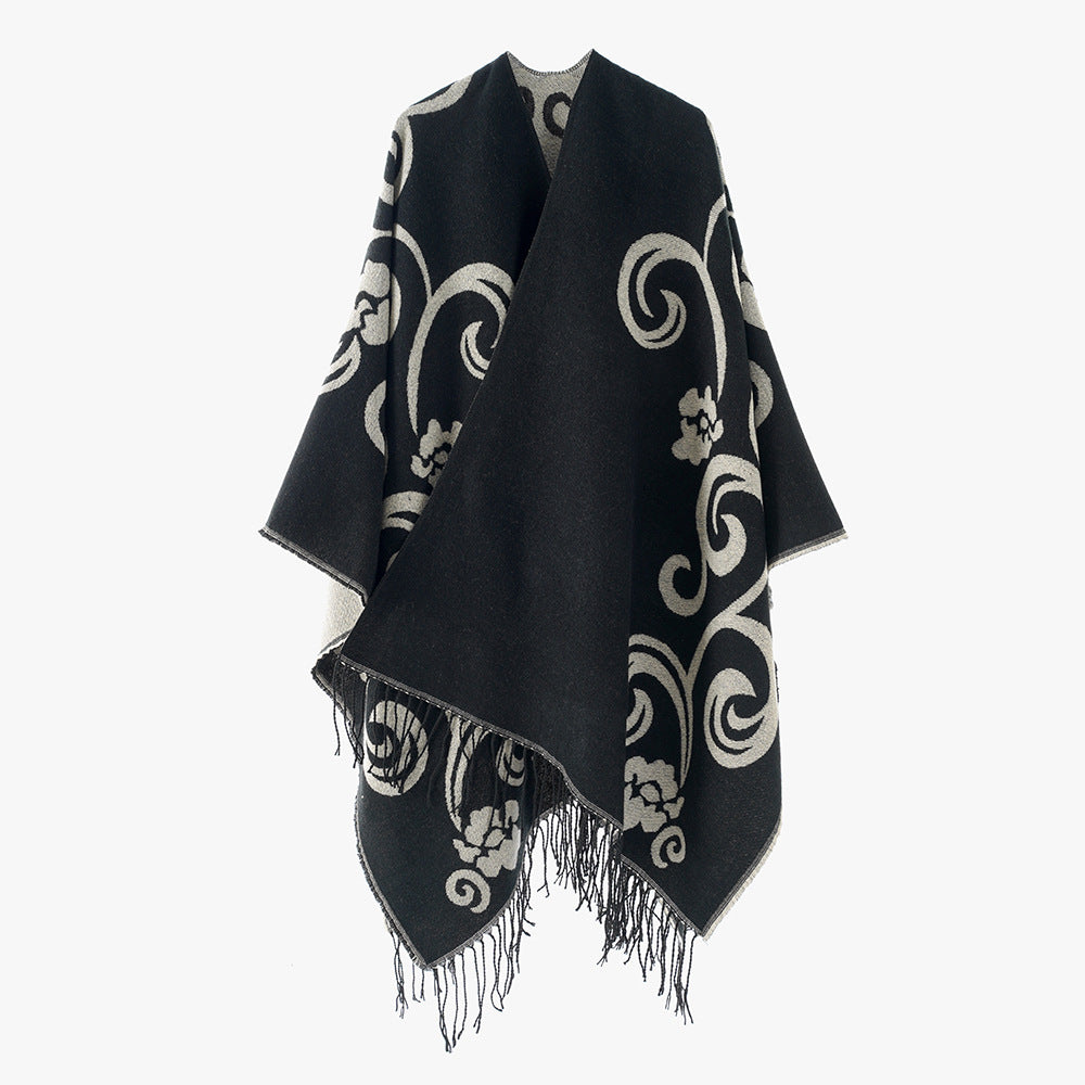 Damen Jacquard-Überwurf im Umhangstil mit Wendefunktion und Fransensaum Shop Nory