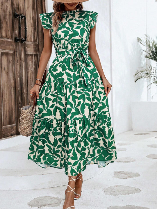 Damen Midikleid mit Stufenrock, geraffter Taillenbindung und Rüschenärmeln Shop Nory