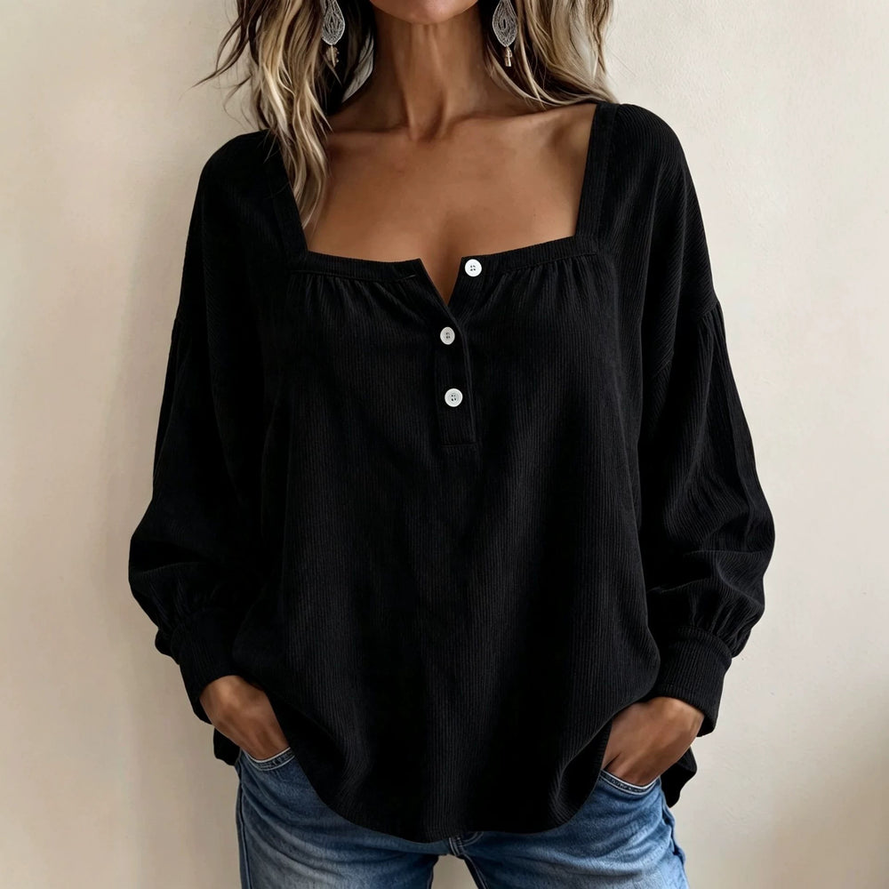 Damen Lockeres Blusenshirt mit quadratischem Ausschnitt, Knopfleiste und Ballonärmeln Shop Nory