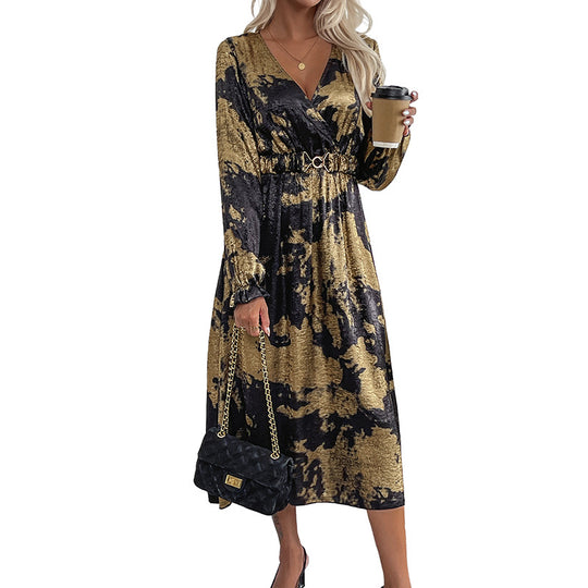 Damen Wickel-Midikleid mit Metallic-Effekt, abstraktem Print, Taillenring und hohem Beinschlitz Shop Nory