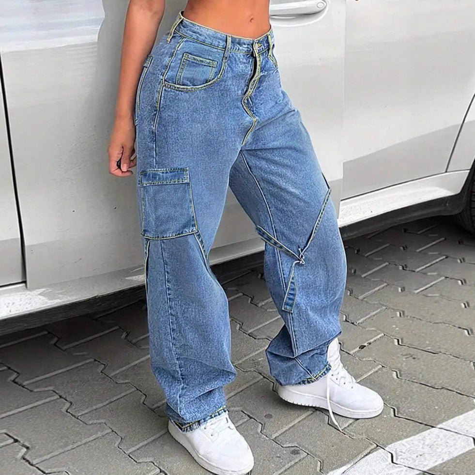 Damen Lässige Baggy-Cargo-Jeans mit verstellbaren Gurtbändern und aufgesetzten Pattentaschen Shop Nory
