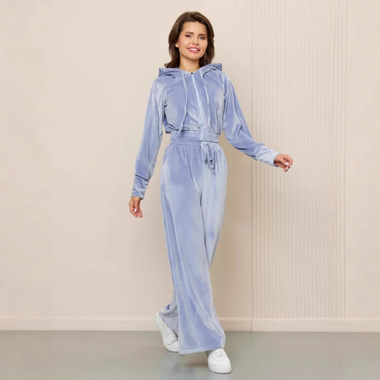 Damen luxuriöses Velours-Lounge-Set mit kurzem Reißverschluss-Hoodie und weitem Comfort-Hose Shop Nory