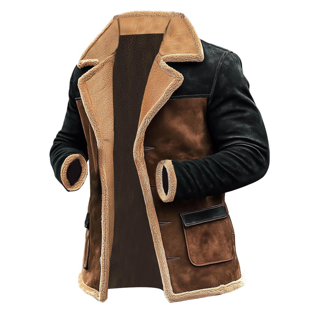 Herren Langer Kunstlammfell-Mantel mit Schalkragen, Kontrastärmeln und Pattentaschen Shop Nory