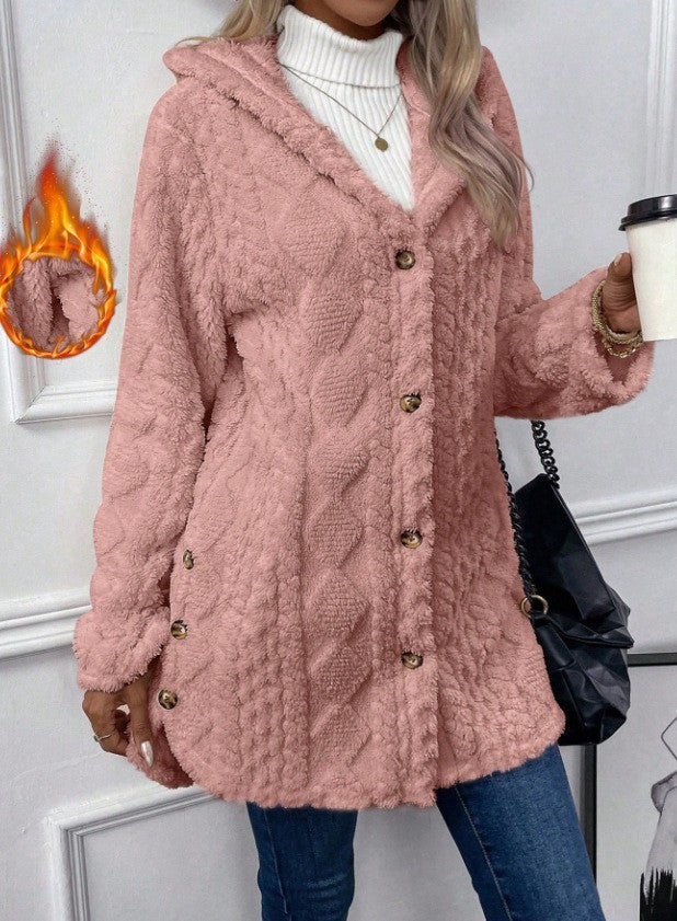 Damen nan gefütterter Kapuzen-Teddy-Mantel mit Zopfmuster, dekorativen Knöpfen und warmem Fleecefutter Shop Nory