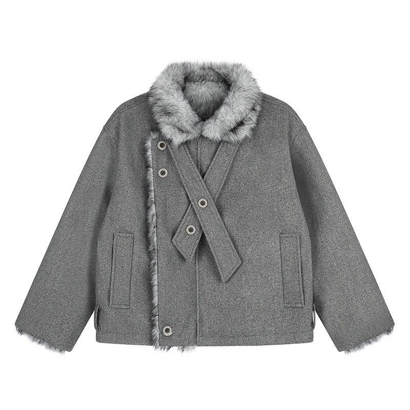 Damen Kurz geschnittene Wolljacke mit Kunstfellbesatz und asymmetrischer Knopfleiste Shop Nory