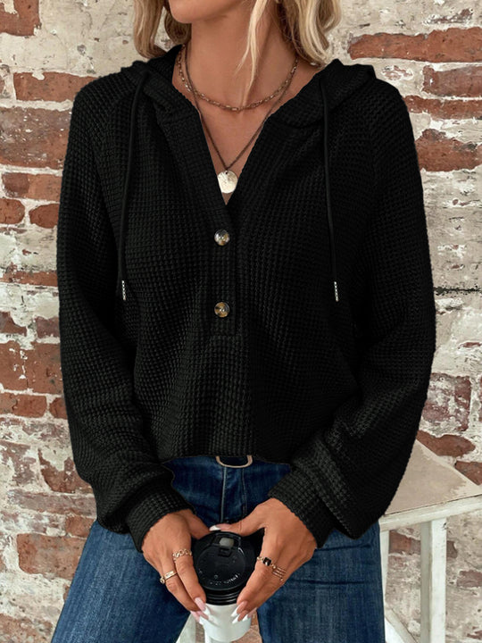 Damen Waffelstrick Kapuzenpullover mit Knopfleiste und Rüschenkragen Shop Nory