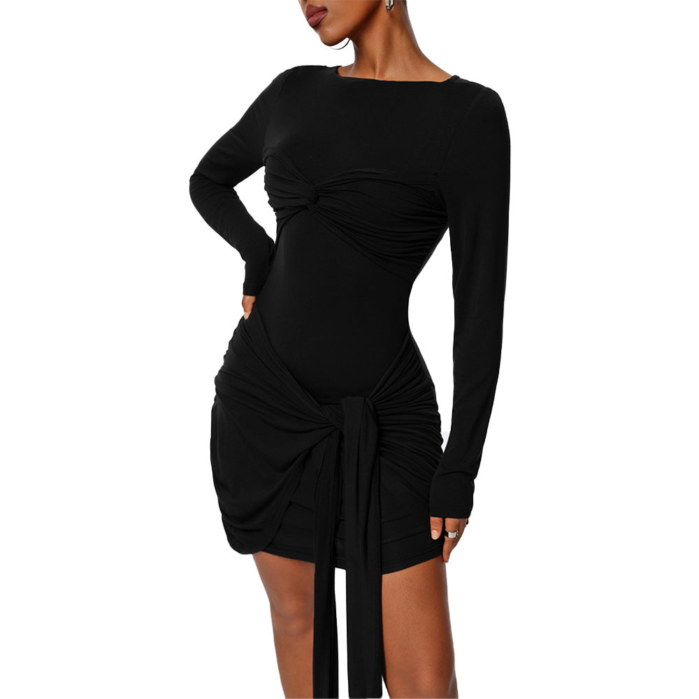Damen figurbetontes Minikleid mit asymmetrischer Knotendrapierung, taillierter Raffung und langem Ärmelschal Shop Nory