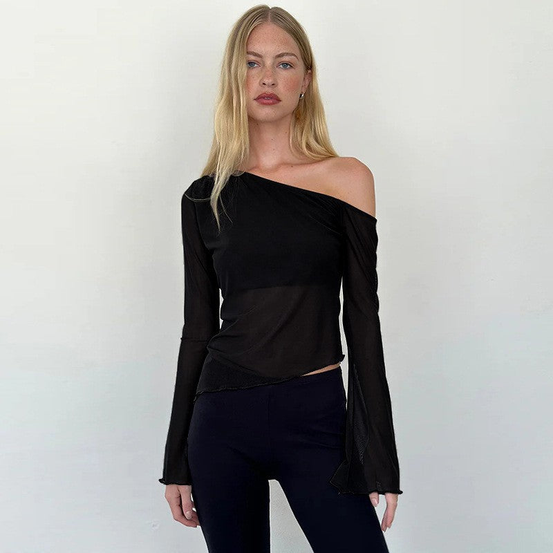 Damen asymmetrisches Langarmshirt mit transparenten Ärmeln und figurbetonter Silhouette