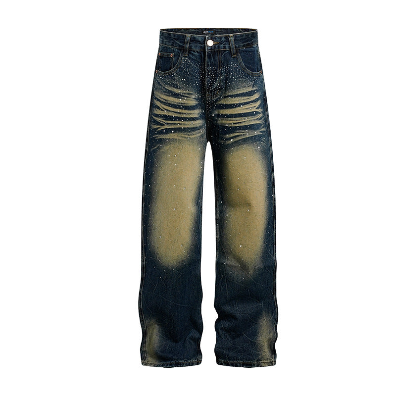 Damen weite High‑Waist Jeanshose mit Distressed‑Rissen und Strassbesatz Shop Nory