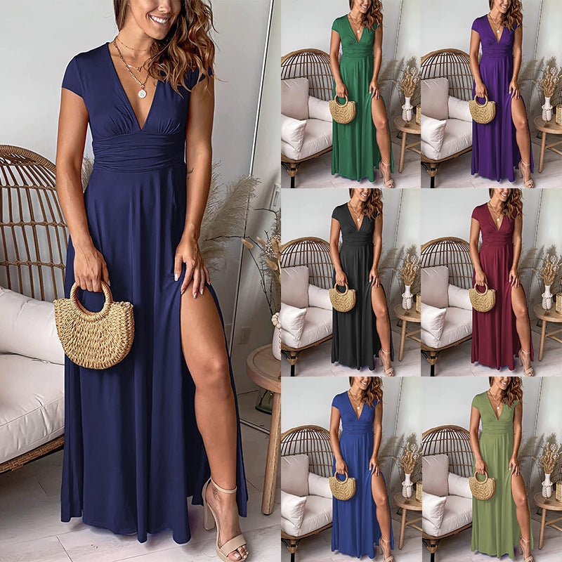 Damen Elegantes Maxikleid mit V-Ausschnitt und hohem Beinschlitz
