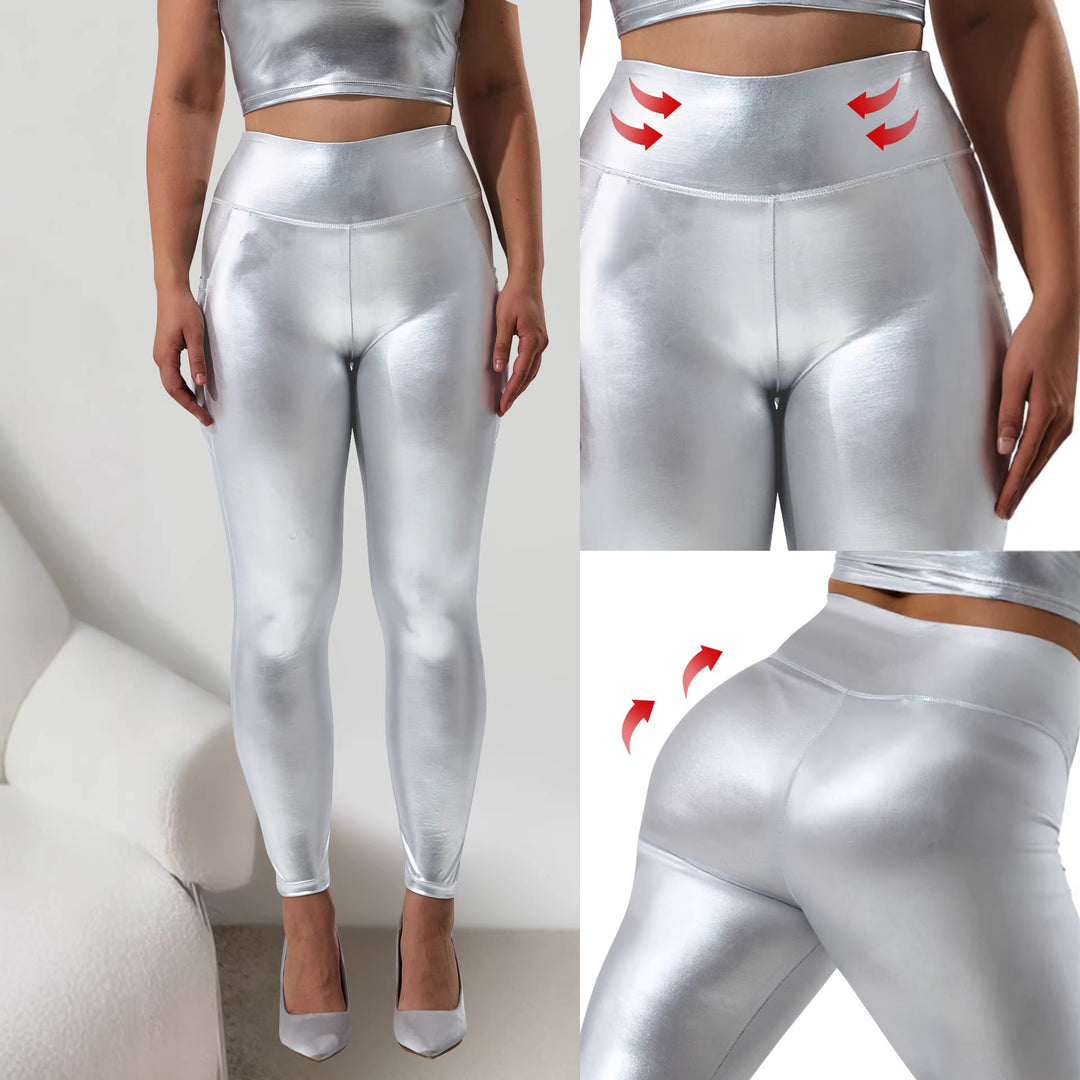 Damen Glänzende High‑Waist Capri-Leggings mit Smartphone-Seitentasche Shopy Nory