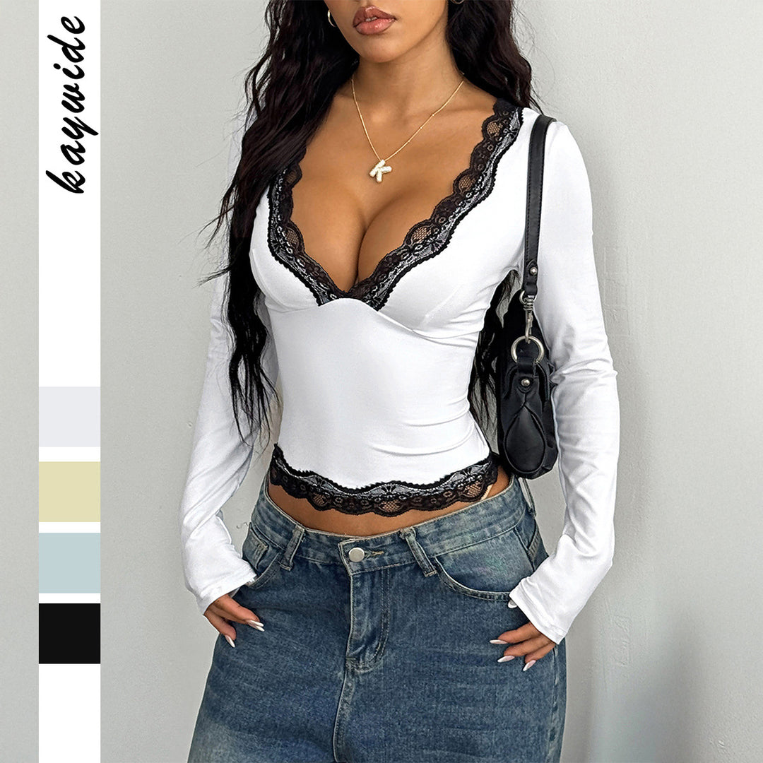 Damen nan elegantes Spitzen-Longsleeve-Crop-Top mit tiefem V-Ausschnitt und figurformender Passform Shop Nory