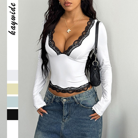 Damen nan elegantes Spitzen-Longsleeve-Crop-Top mit tiefem V-Ausschnitt und figurformender Passform Shop Nory