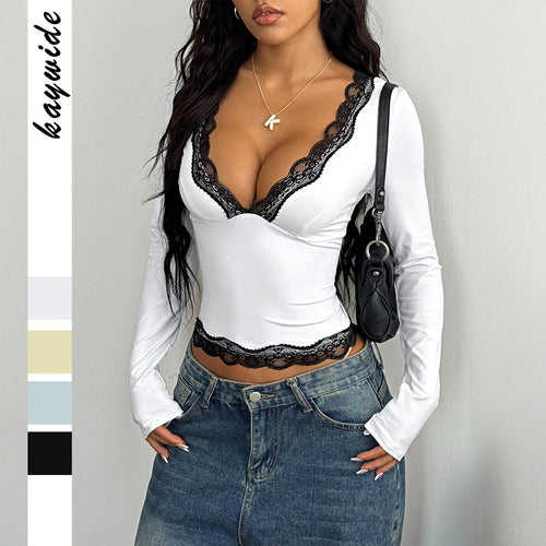 Damen nan elegantes Spitzen-Longsleeve-Crop-Top mit tiefem V-Ausschnitt und figurformender Passform Shop Nory