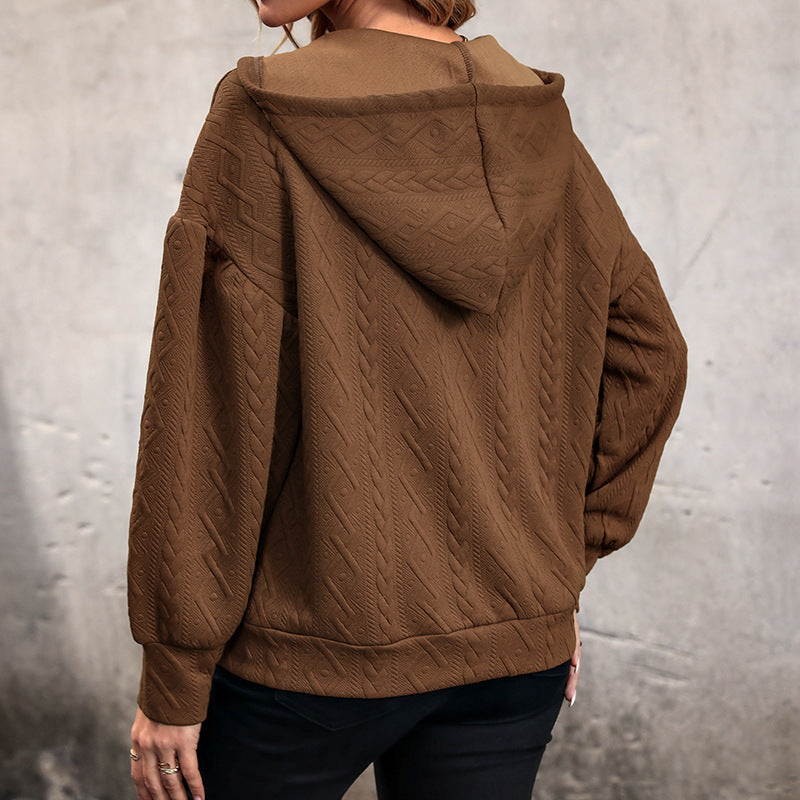 Damen Strukturiertes Zopfmuster-Kapuzen-Sweatshirt mit V-Ausschnitt und Ballonärmeln Shop Nory