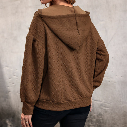 Damen Strukturiertes Zopfmuster-Kapuzen-Sweatshirt mit V-Ausschnitt und Ballonärmeln Shop Nory