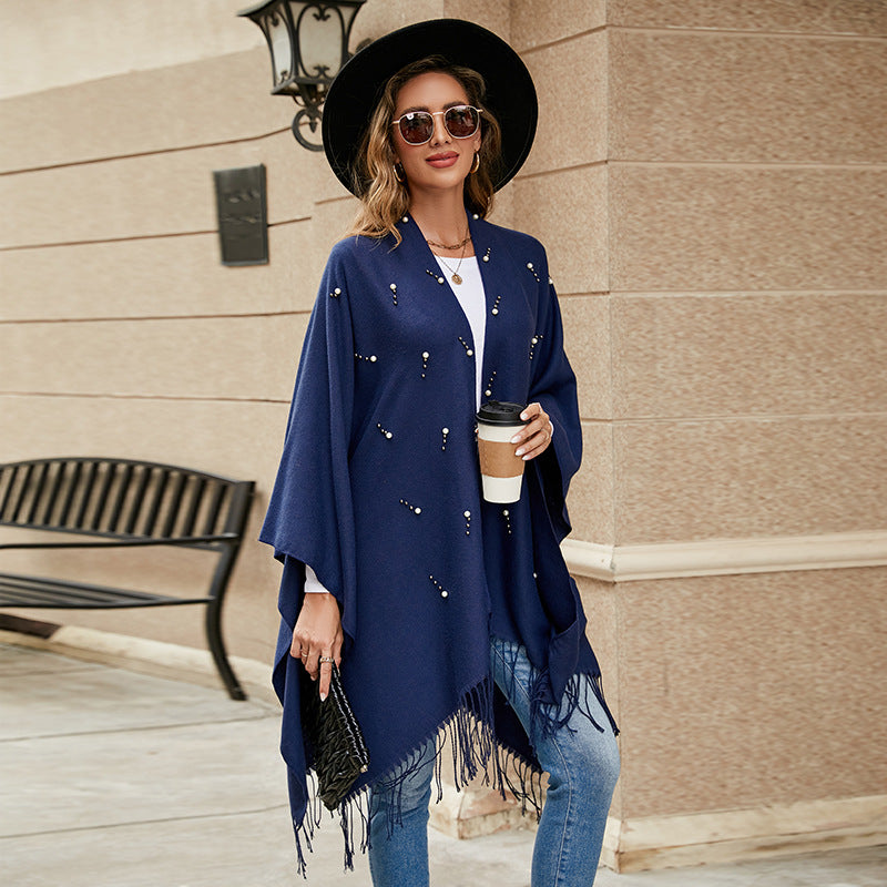 Damen Eleganter bestickter Wollmix-Poncho‑Cape mit Perlenbesatz Shop Nory