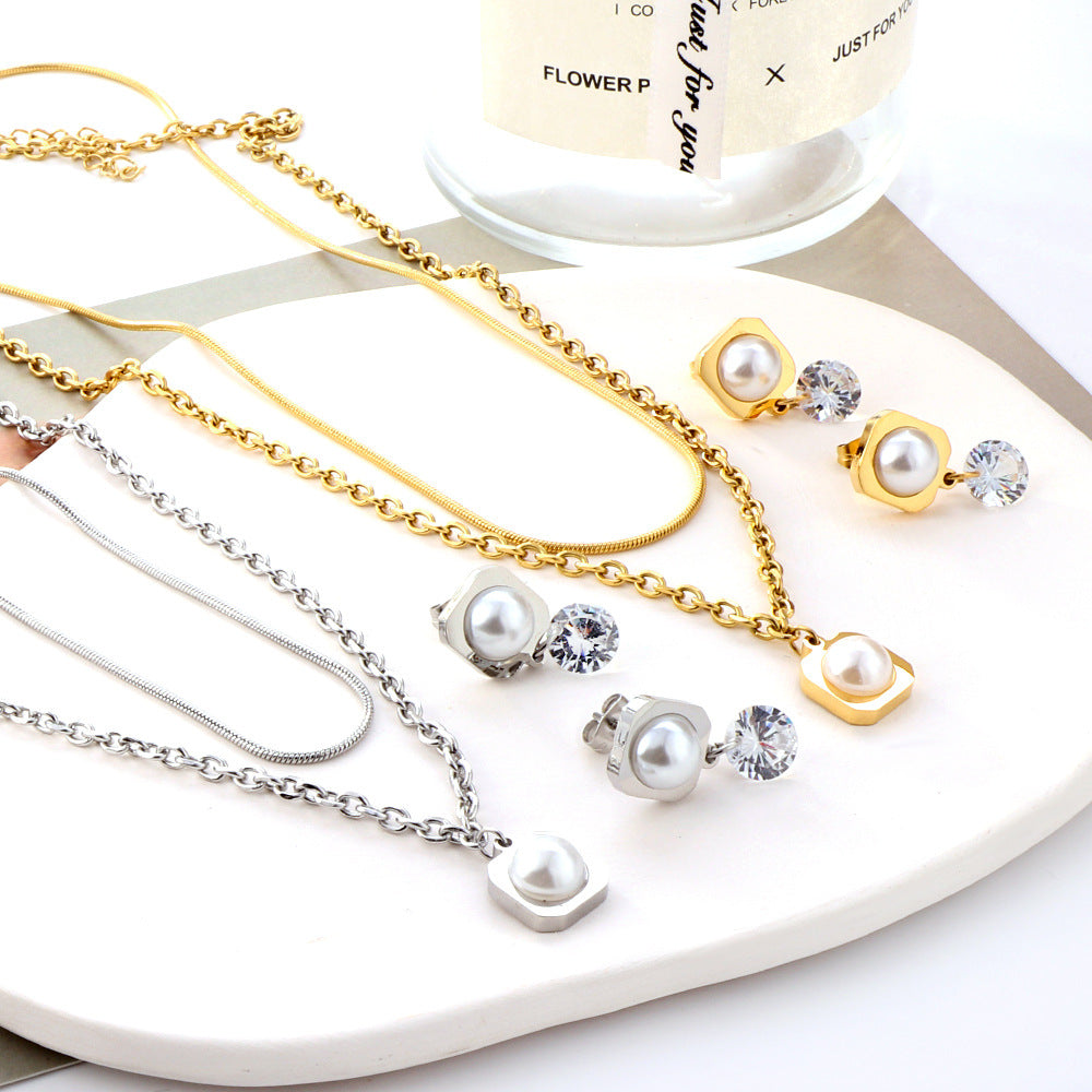 Damen Schmuckset mit modernem, eleganten Perlenanhänger und Ohrringen Shop Nory