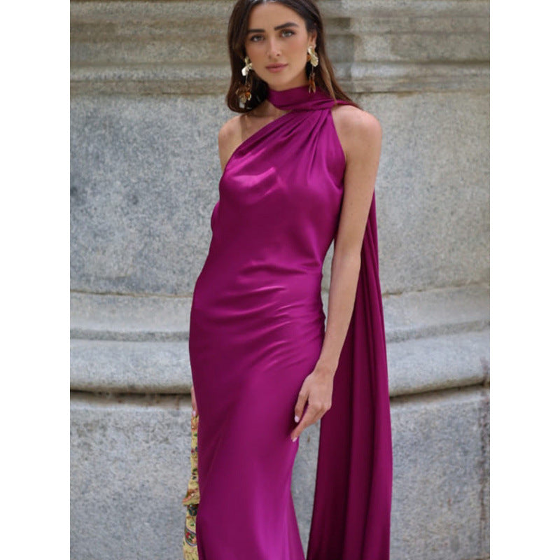 Damen elegantes Maxikleid mit asymmetrischem Oberteil und fließendem Schnitt Shopnory