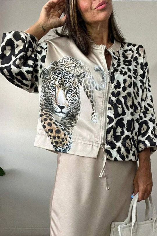 Damen entspannte Bomberjacke mit extravagantem Leoparden-Motiv