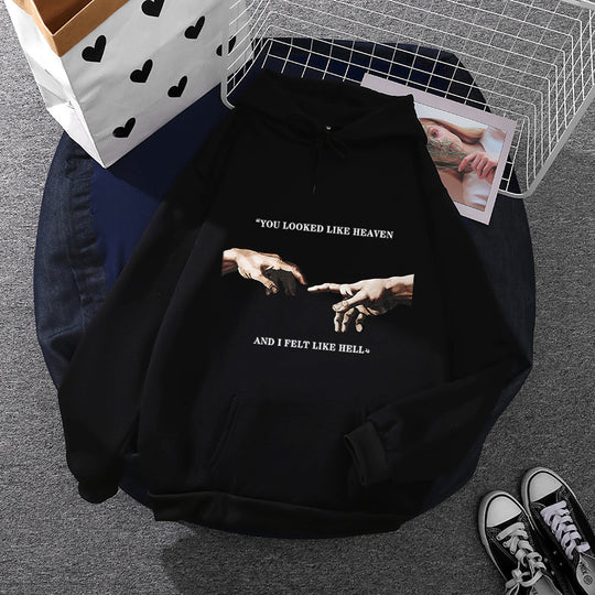 Damen nan Oversize Kapuzenpullover mit Kängurutasche und Renaissance‑Handmotiv, weiches Fleece Innenfutter Shop Nory