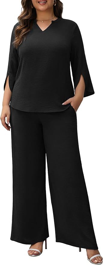 Damen Elegantes Zweiteiliges Palazzo-Set mit V‑Ausschnitt und geschlitzten 3/4‑Ärmeln Shop Nory