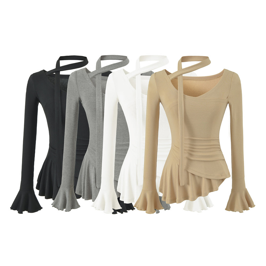 Damen Asymmetrisches tailliertes Langarm-Top mit Wickelschal, ausgestellten Volantärmeln und Stufenpeplum Shop Nory