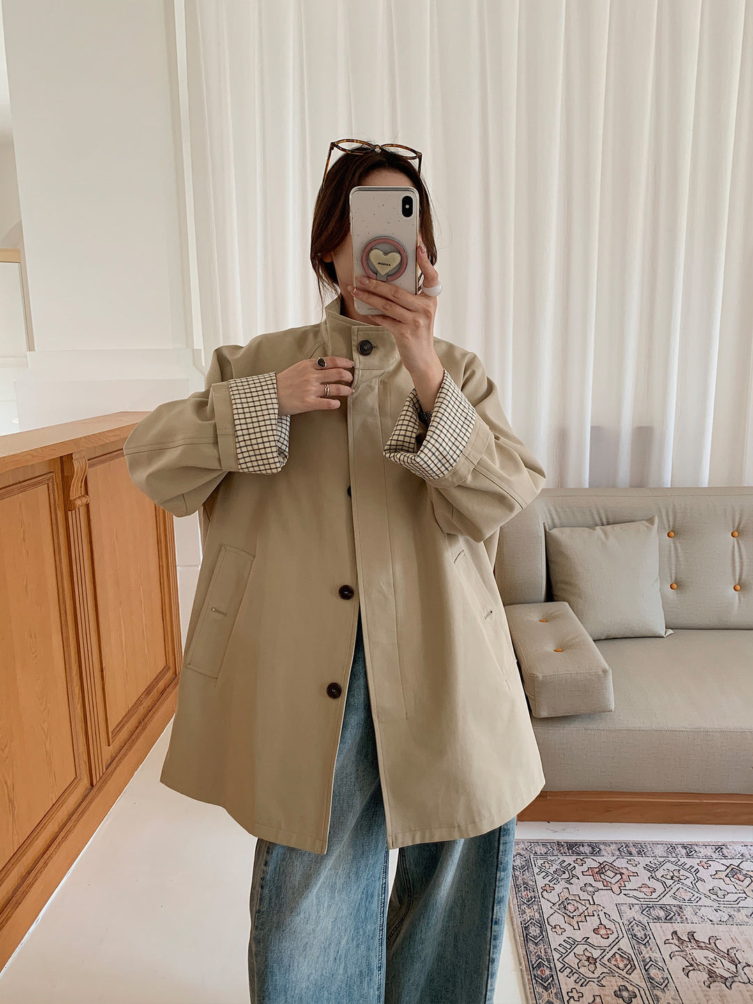 Damen Oversize-Mantel mit Stehkragen und kariertem Ärmelsaum Shop Nory