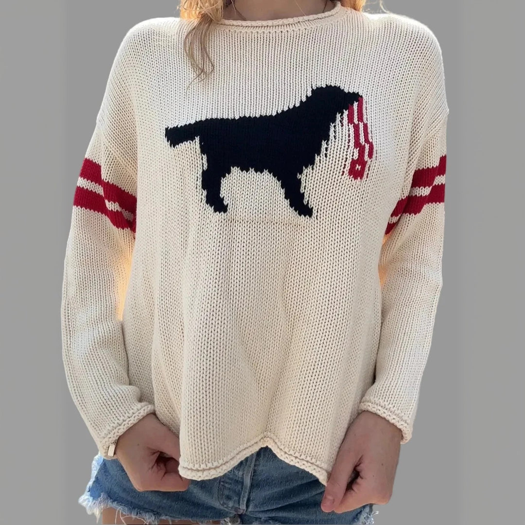 Damen Grobstrickpullover mit Hunde-Jacquard und Sportstreifen Shop Nory