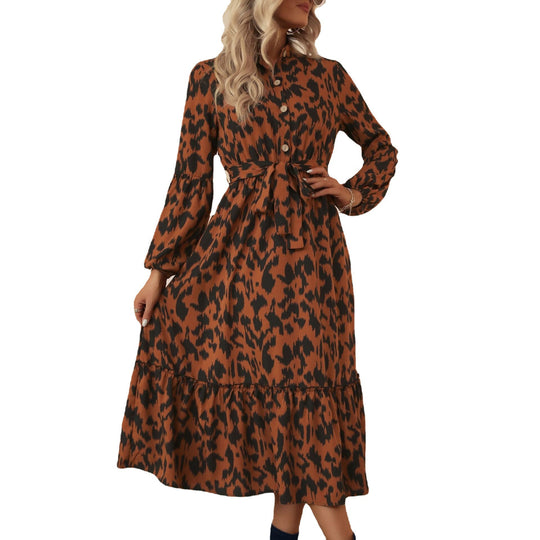 Damen Midikleid mit Animal-Print, Knopfleiste, Taillengürtel und Stufenrock Shop Nory