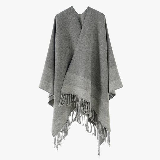 Damen Rechteckiger Wollmix‑Poncho mit offener Front, feiner Kettelnaht und Fransensaum Shop Nory