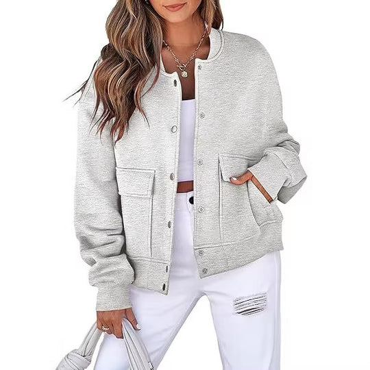 Damen Oversized Bomberjacke aus French Terry mit Druckknopf und aufgesetzten Taschen Shop Nory