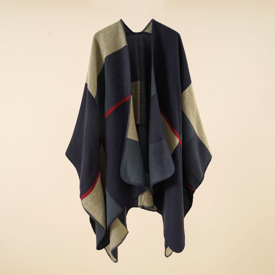 Damen Dreieckiger Strickponcho mit geometrischem Jacquardmuster und Ziernaht Shop Nory
