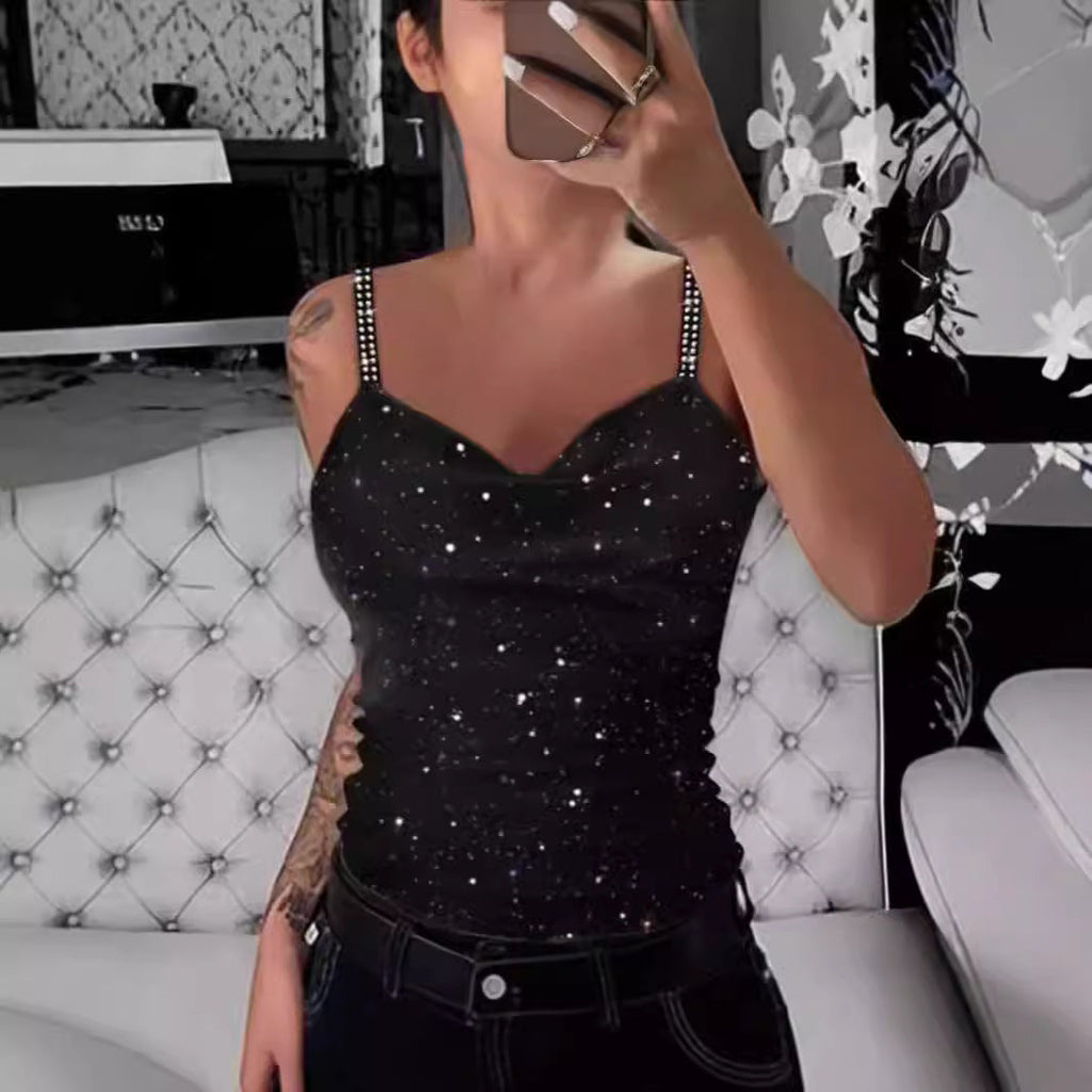 Damen Elegante Spaghetti-Träger Top mit Glitzer-Details