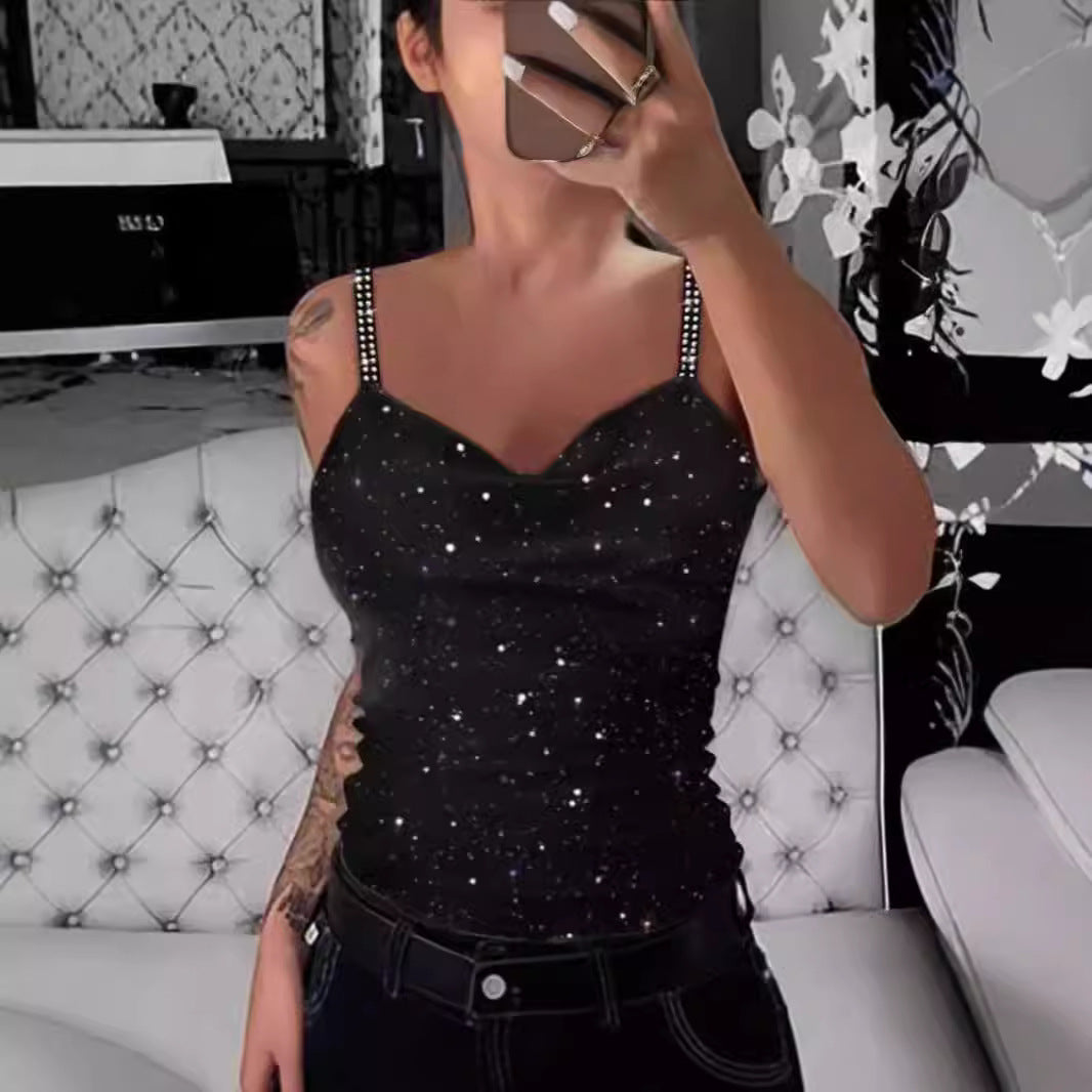 Damen Elegante Spaghetti-Träger Top mit Glitzer-Details