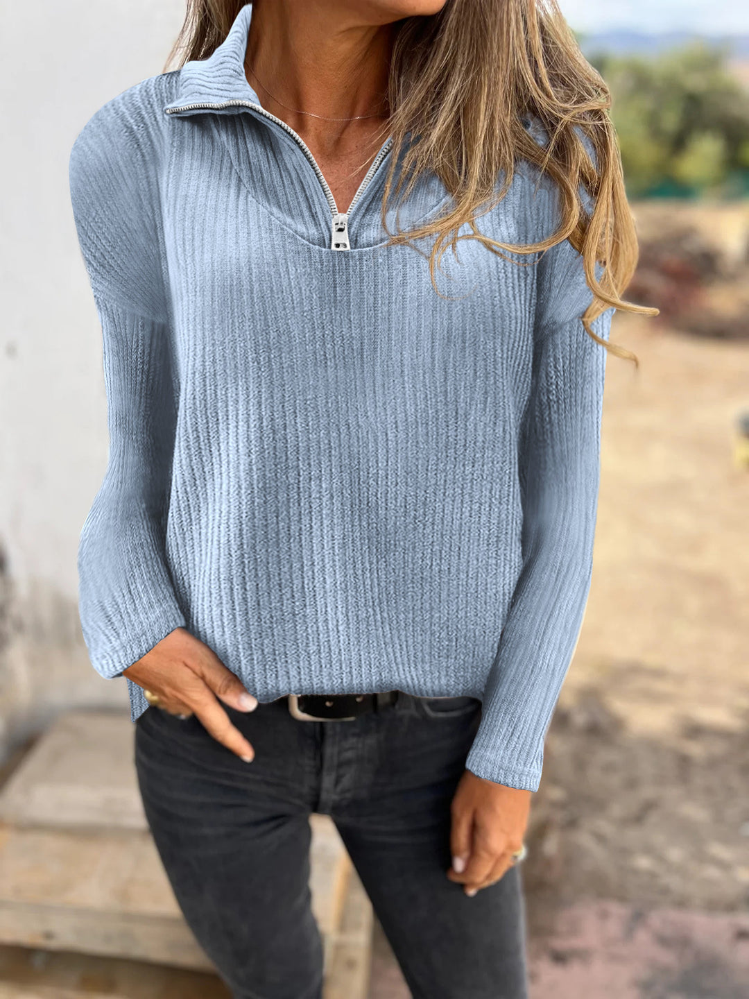 Damen Rippstrickpullover mit halbem Reißverschluss und Stehkragen Shop Nory