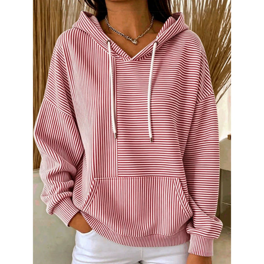 Damen Oversize Kapuzenpullover mit feinem Streifenprint, Kängurutasche und V-Ausschnitt-Kapuze Shop Nory