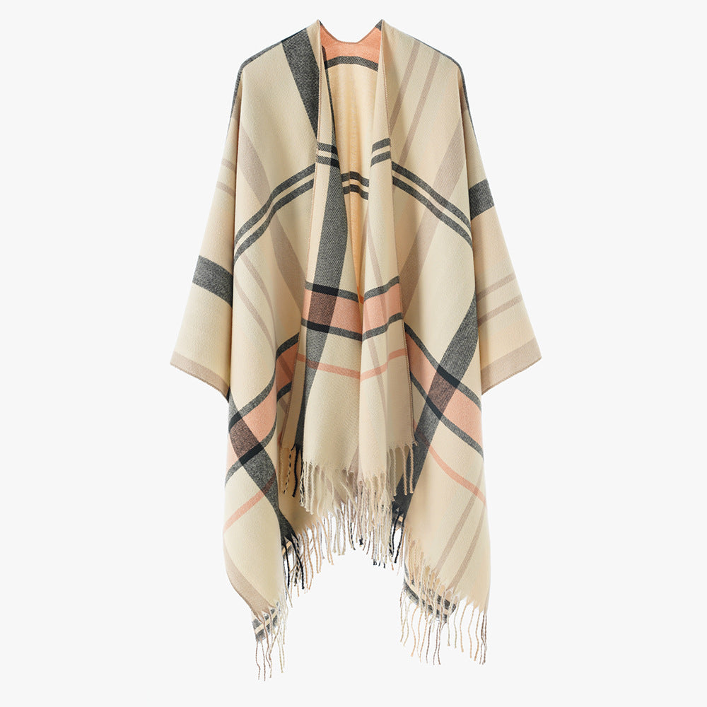 Damen Oversize Karierter Fransen-Poncho aus weichem Strick Shop Nory