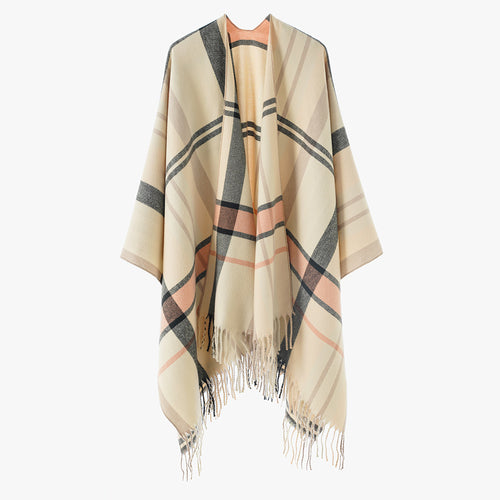 Damen Oversize Karierter Fransen-Poncho aus weichem Strick Shop Nory