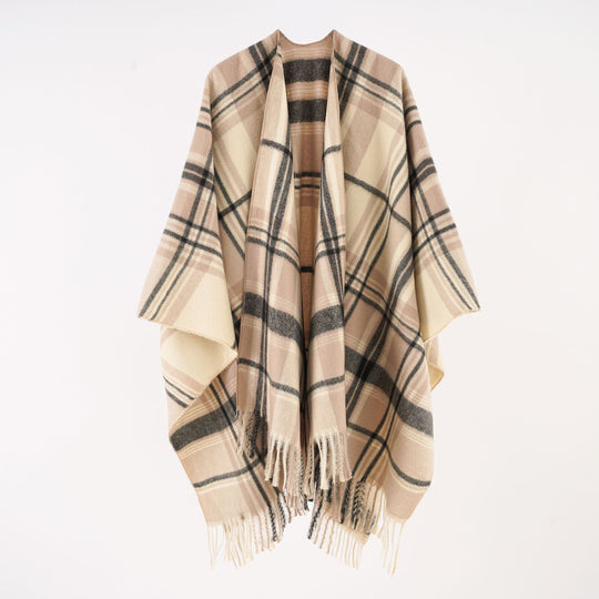 Damen Karierter Cape-Umhang aus Wollmix mit Fransen Shop Nory